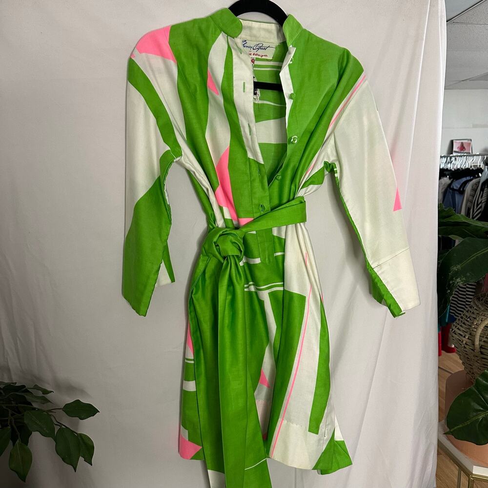 Vintage Catherine Ogust for Penthouse Gallery Mini Shirt Dress Green Pink - Picture 3 of 10